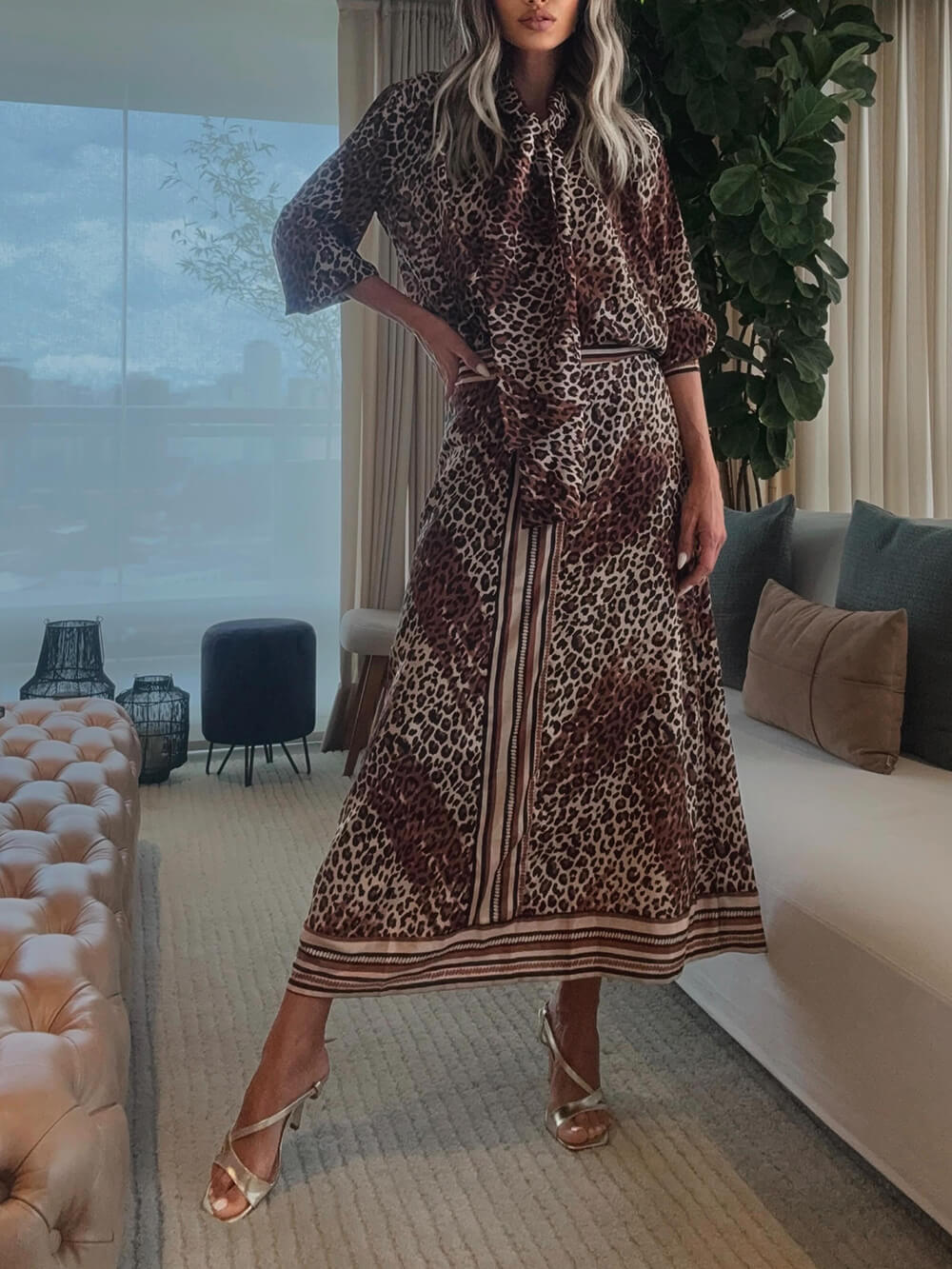 Retro Classic Leopard Print Patchwork Elastic Waist Midi Skirt