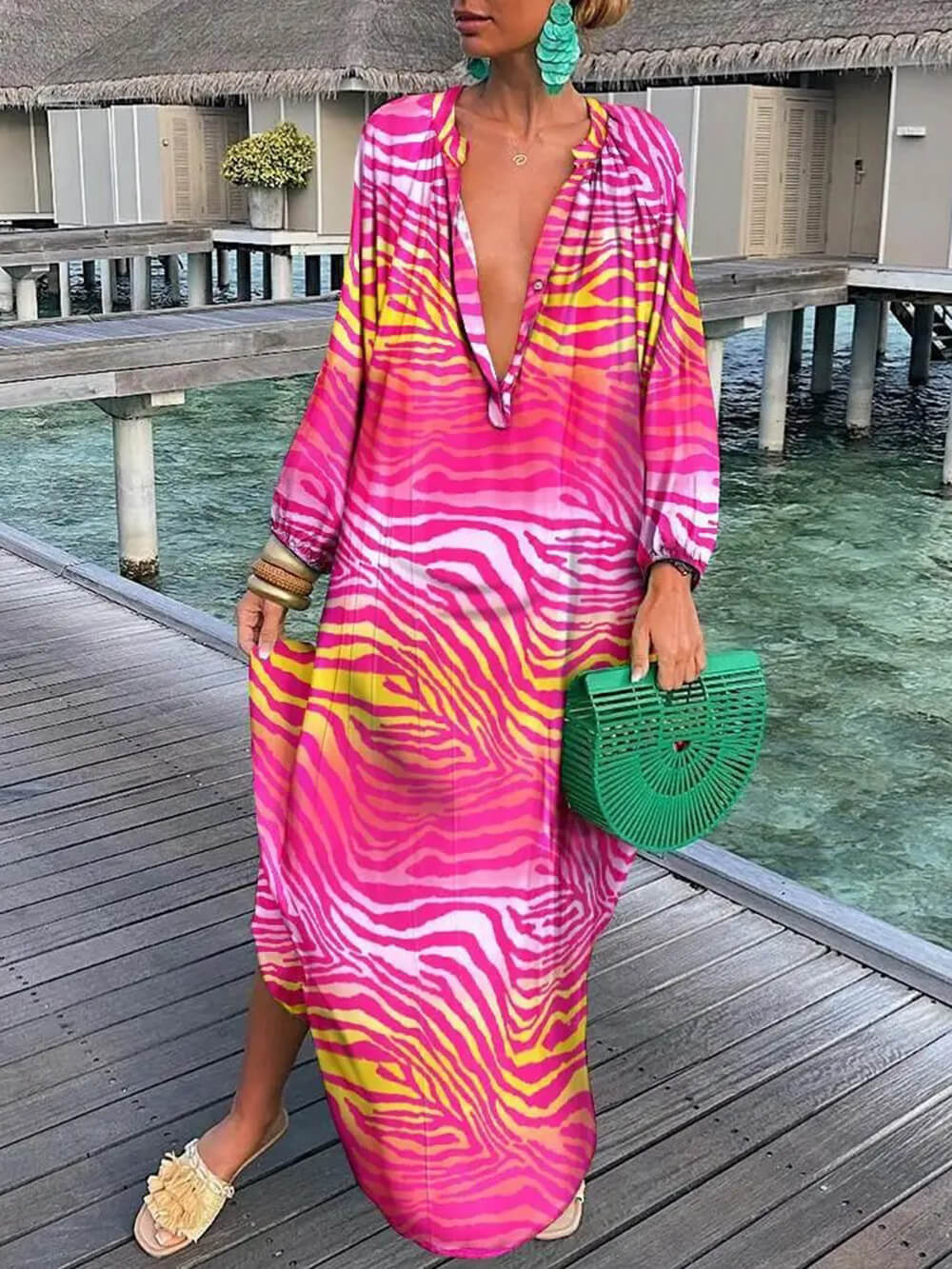 Robe longue bohème imprimée à col en V