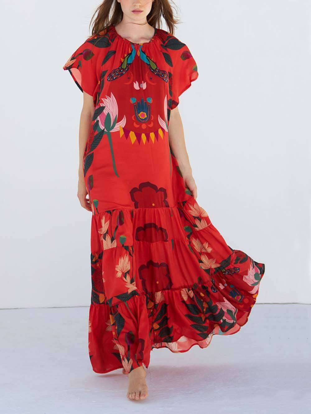Robe longue à manches courtes et épaules tombantes à imprimé floral unique