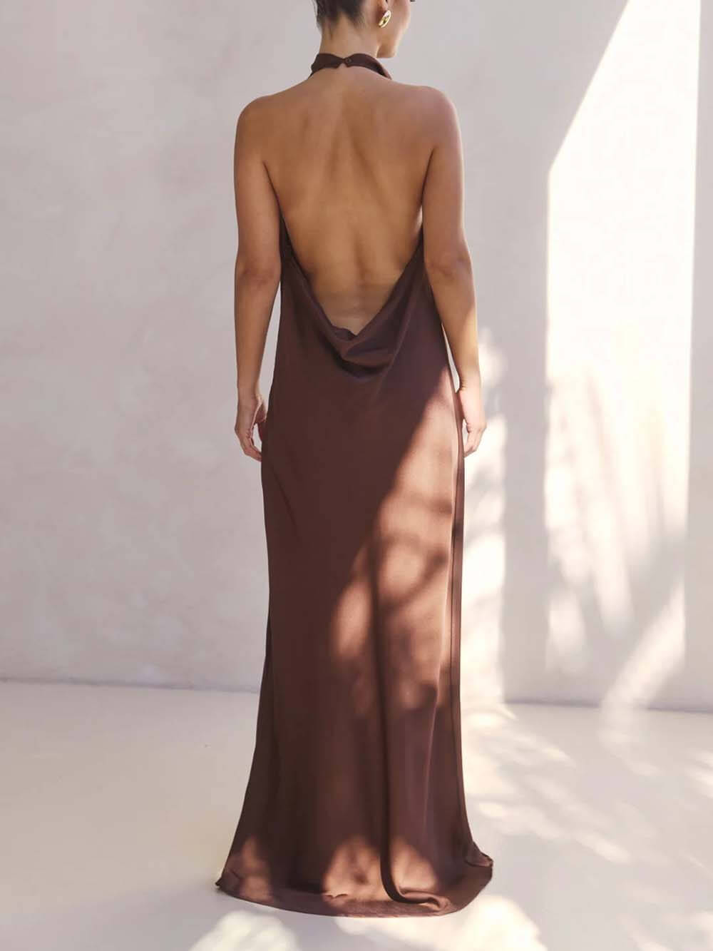 Elegant Halter Draped Neck Satin Backless Maxi Dress
