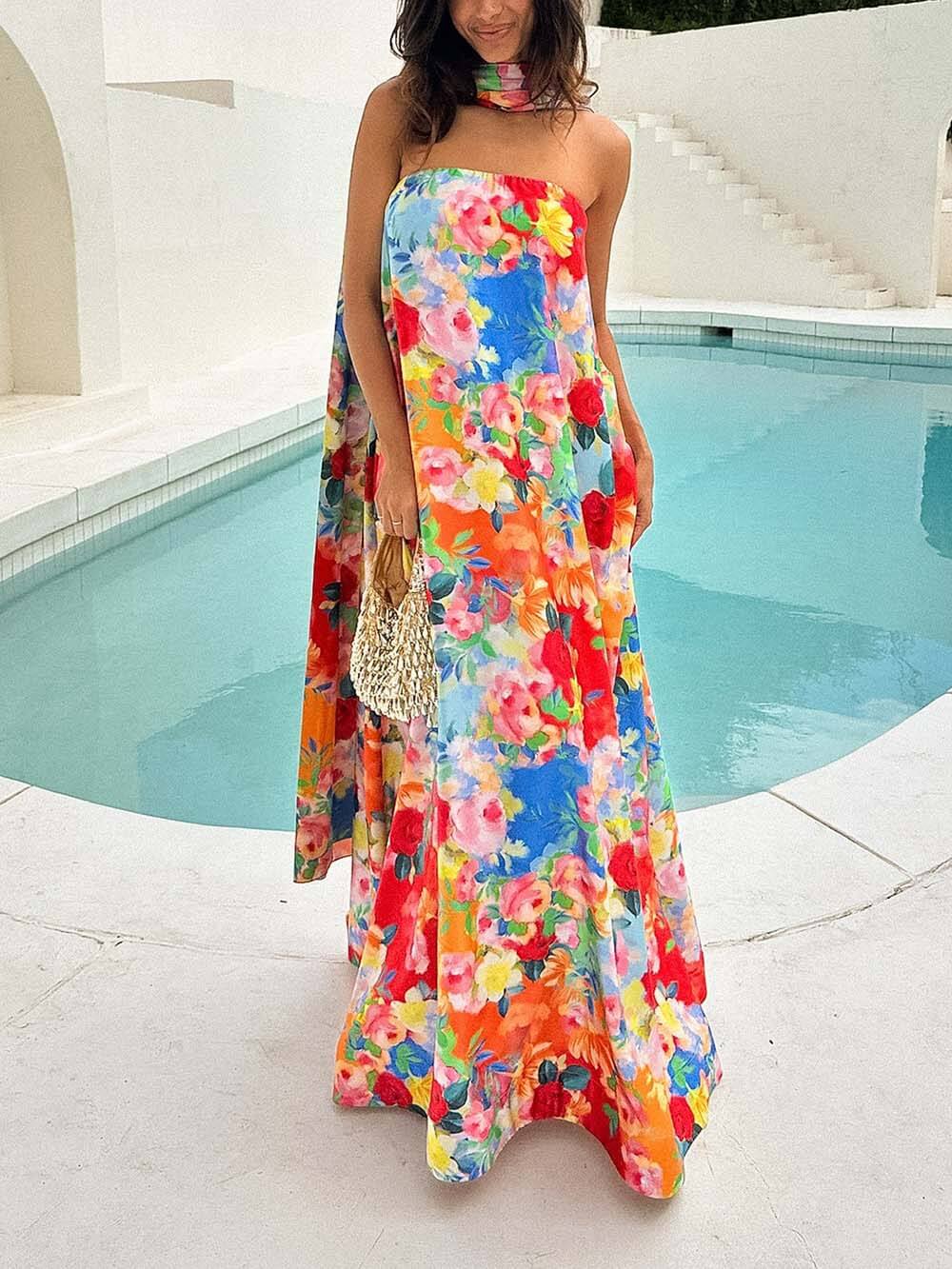 Robe longue à imprimé floral rétro et épaules dénudées