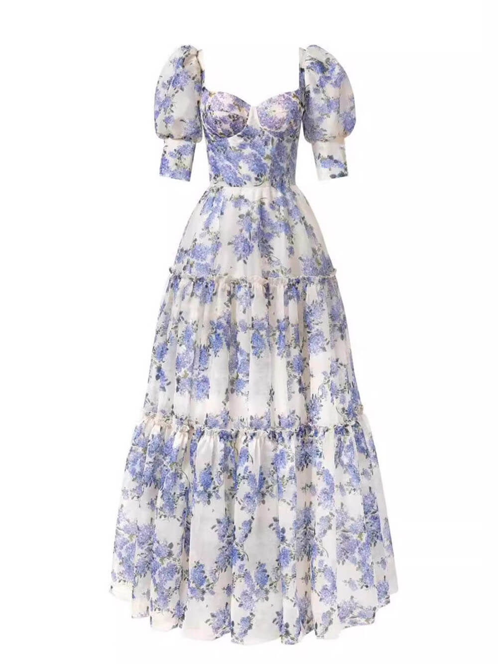 Elegantes und modisches schulterfreies Maxikleid aus bedrucktem Organza