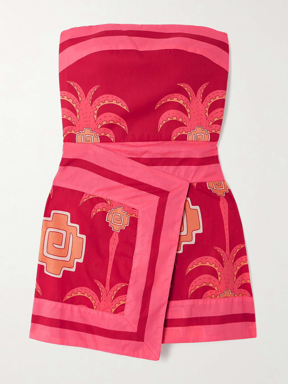 Trägerloses Minikleid mit Retro-Palmen-Print, gerüschtem Rückenausschnitt