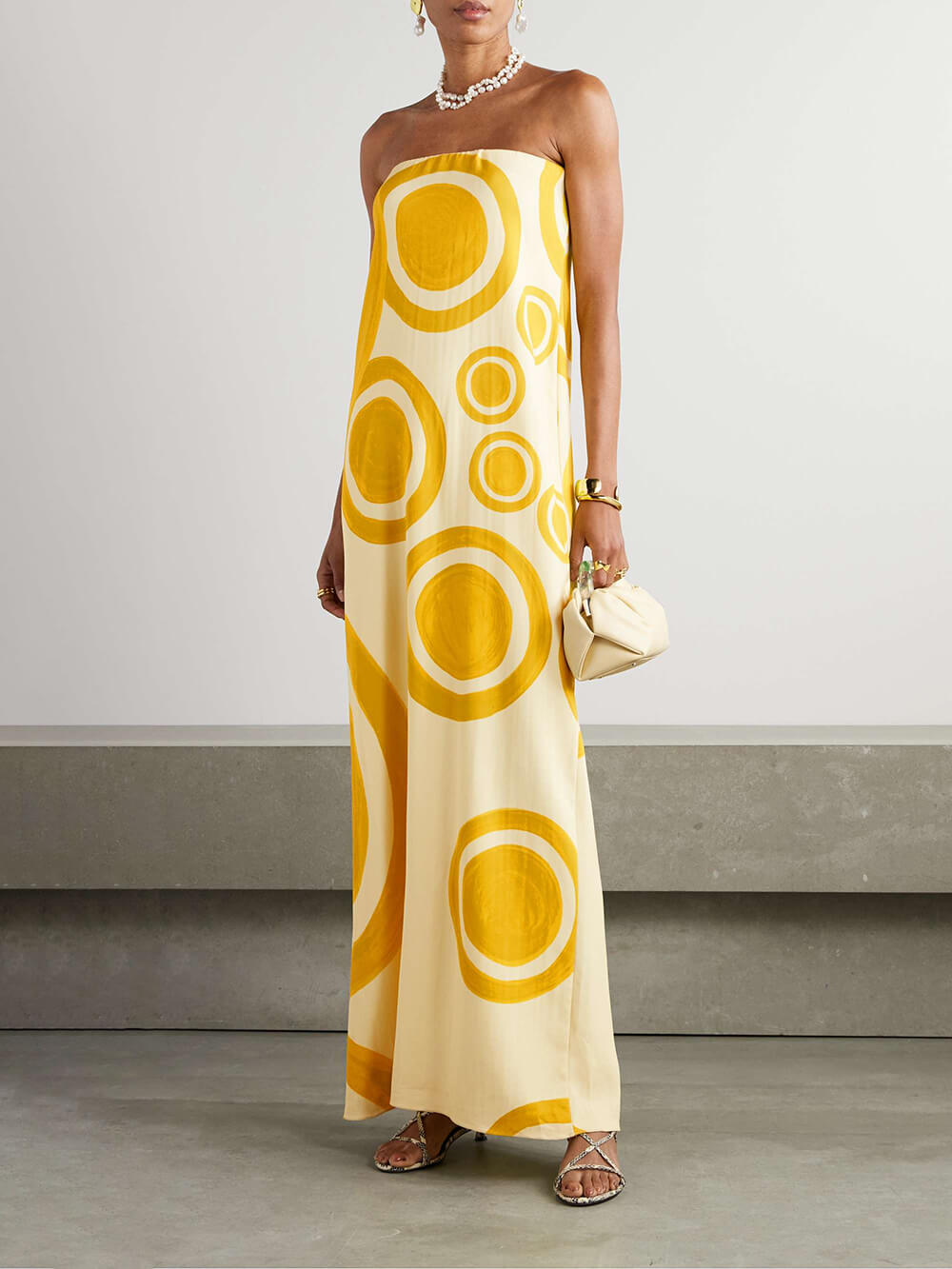 Elegant Off-Shoulder Circle Print Double-Crepe Maxi Dress