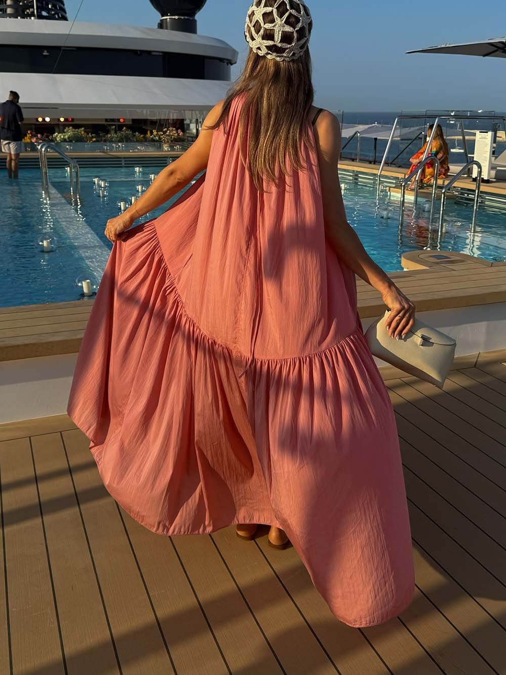 Elegant Ruched Patchwork Sleeveless Vacation Maxi Dress