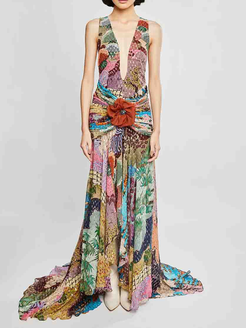 Robe longue à ourlet irrégulier et imprimé floral unique