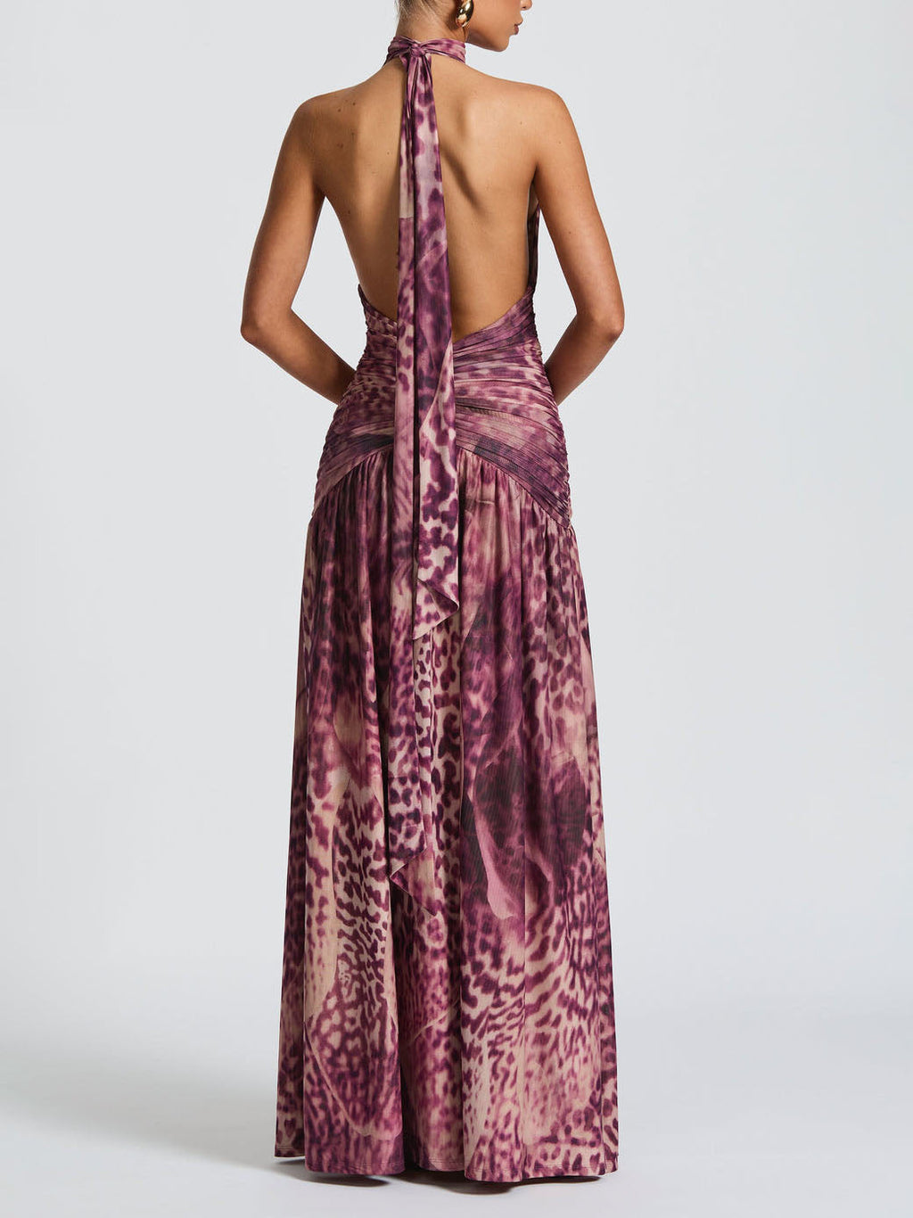 Elegant V-Neck Abstract Phalaenopsis Print Maxi Dress