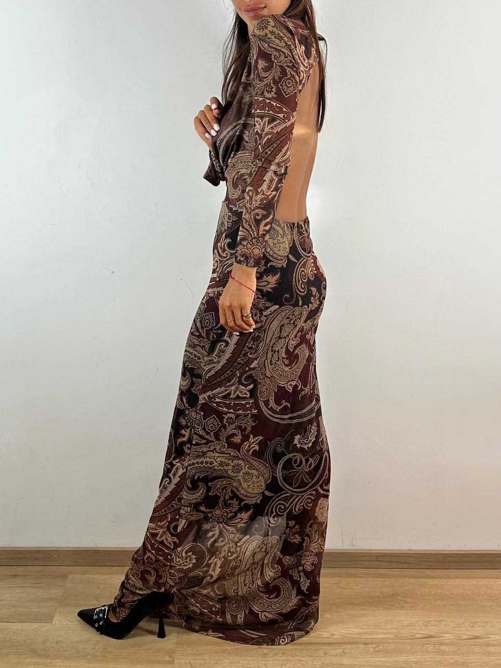 Elegant Long-Sleeve Paisley Print Deep V-Neck Maxi Dress