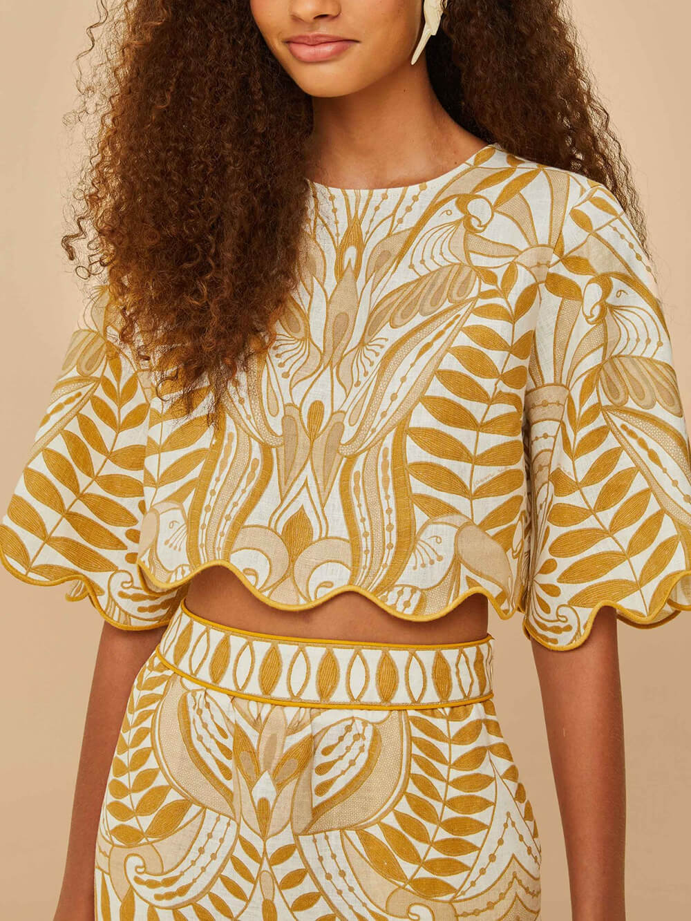 Retro Unique Print Wave Trim Bell Sleeve Linen Blend Top