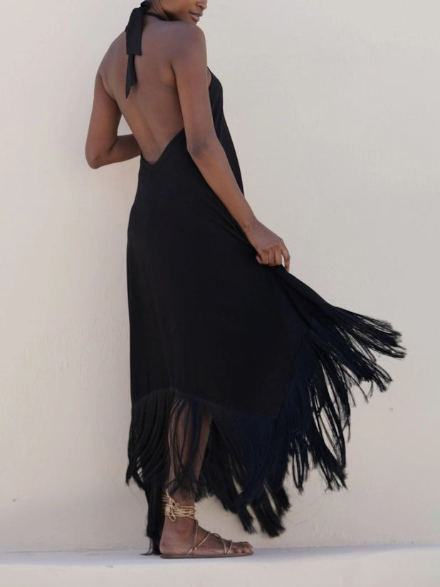 Elegant Halterneck Irregular Tassel Maxi Dress