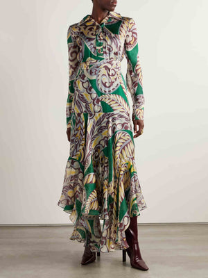 Unique Belted Asymmetrical Paisley Print Maxi Dress