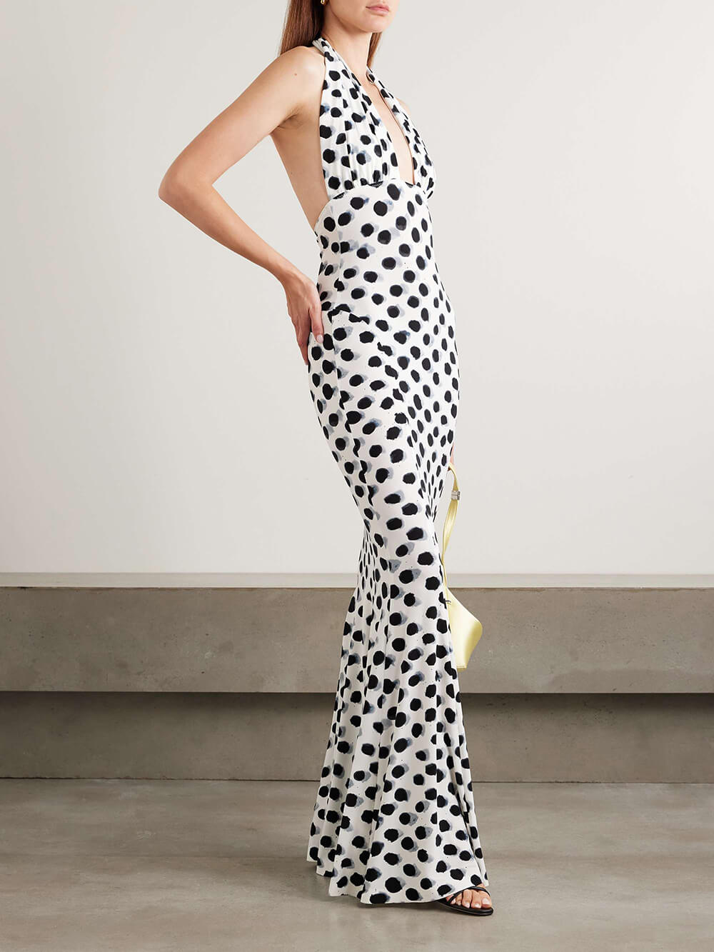 Elegant Cutout Polka Dot Print Stretch Halter Maxi Dress