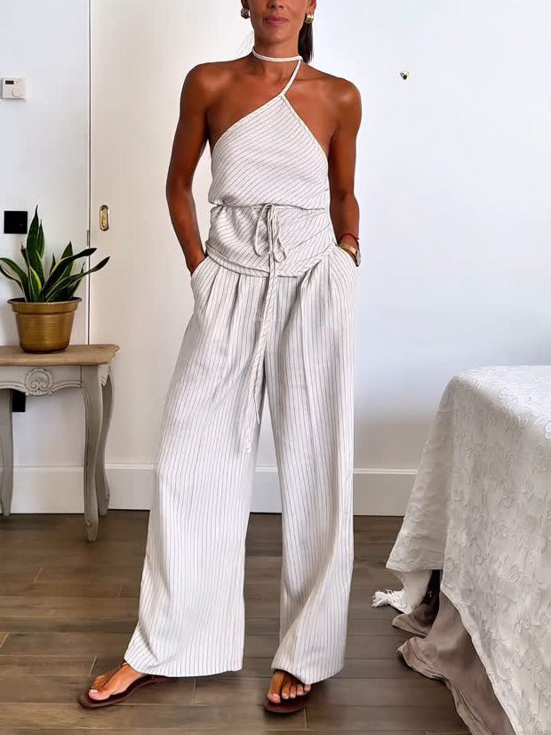 Ensemble deux pièces décontracté à rayures avec gilet à lacets et pantalon large