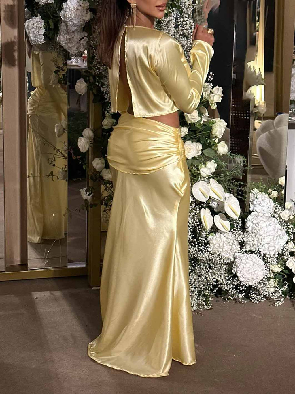 Elegant Satin Back Slit Sexy Short Sleeve Shirt