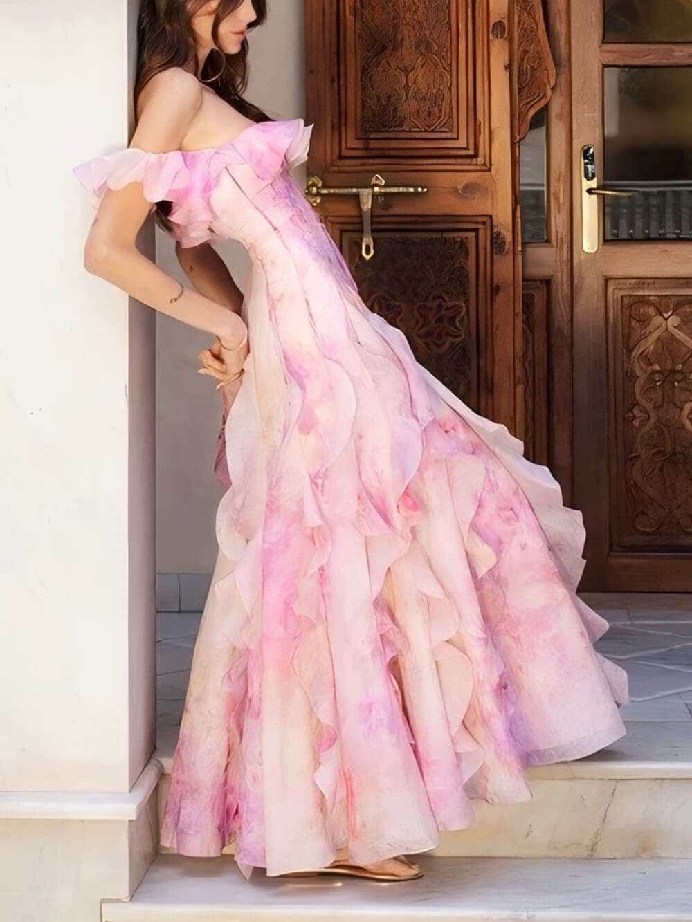 Casual Vacation-Style Strappy Floral Ruffle Maxi Dress