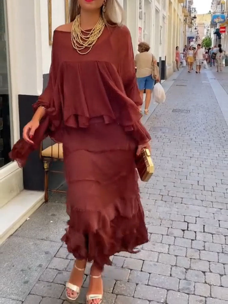 Elegant Layered Asymmetrical Ruffled Cape Maxi Dress