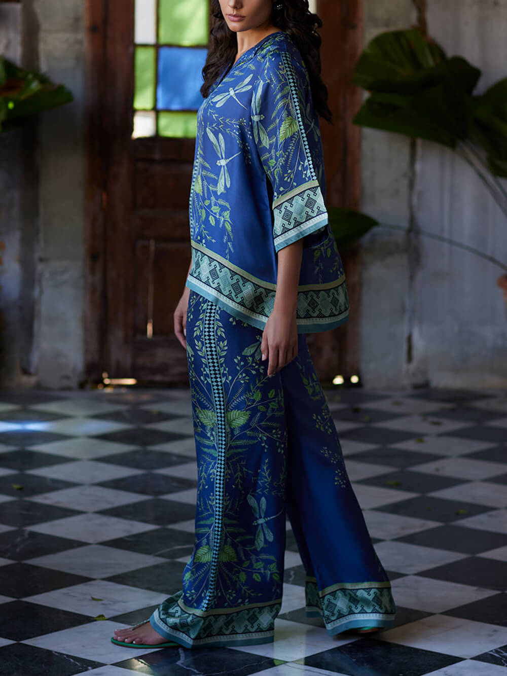 Ocean Elegance Botanical Print Elastic Waist Loose Wide Leg Pants