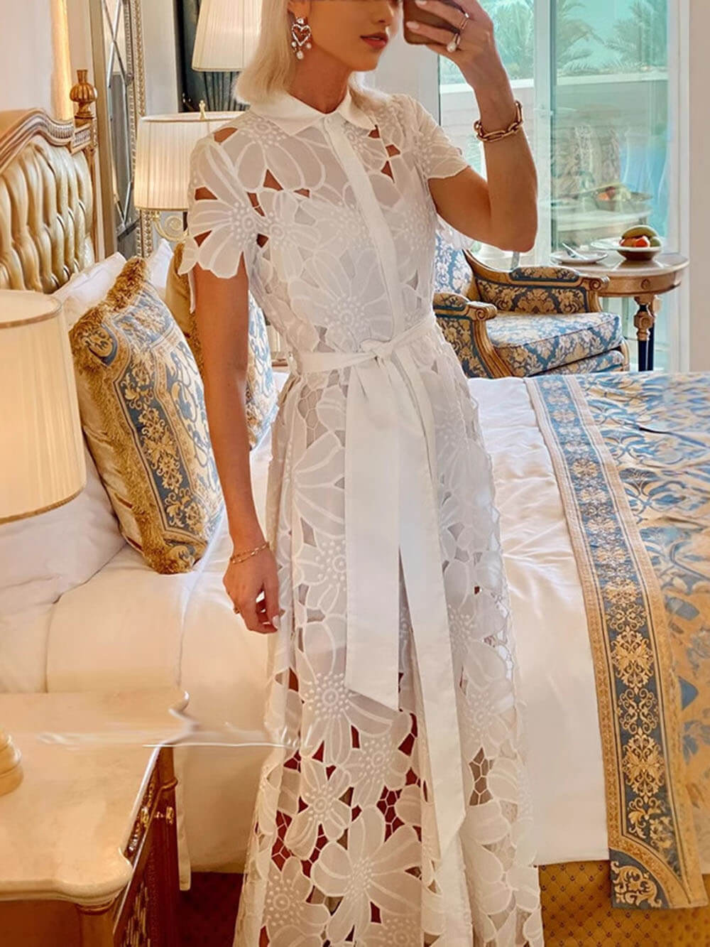 Robe longue d'été décontractée en dentelle à simple boutonnage
