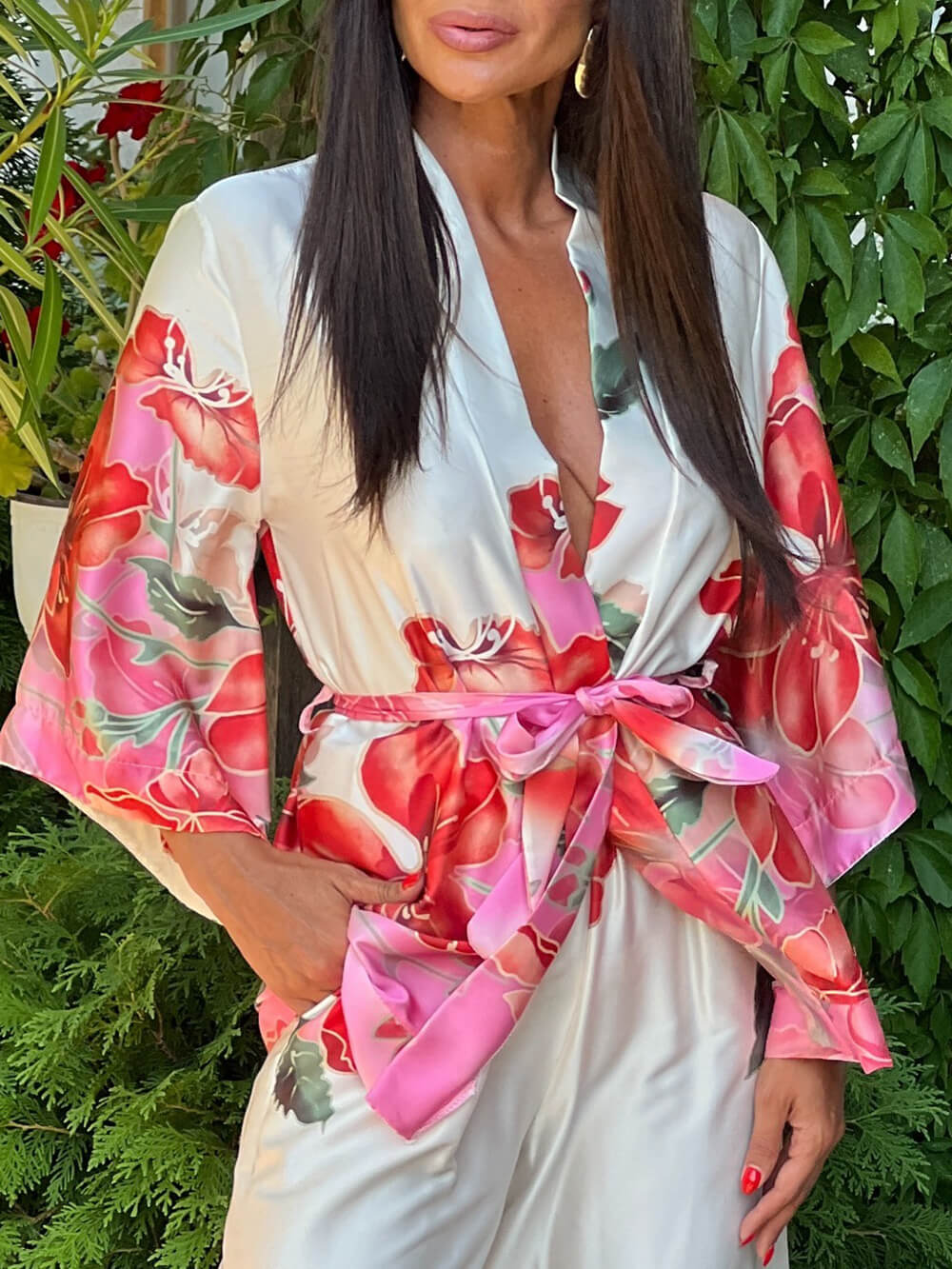 Delicate Floral Print High-Waist Pocket Satin Wide-Leg Pants