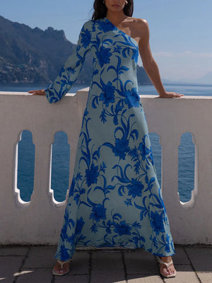 Elegantes, einschultriges, florales, auffälliges, schmal geschnittenes Maxikleid