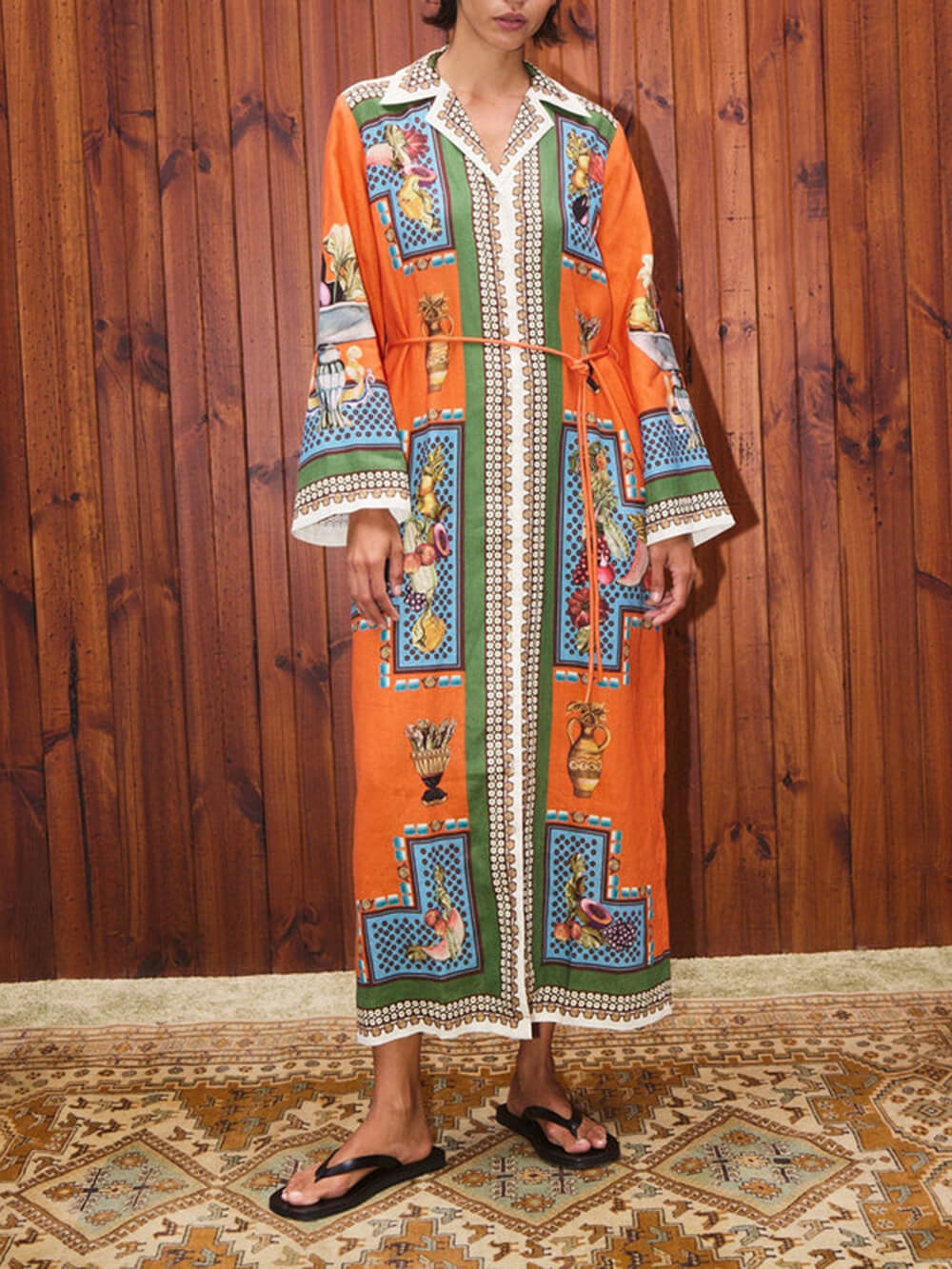 Classic Modern Unique Print Patchwork Loose Belted Shirt Silhouette Maxi Dress