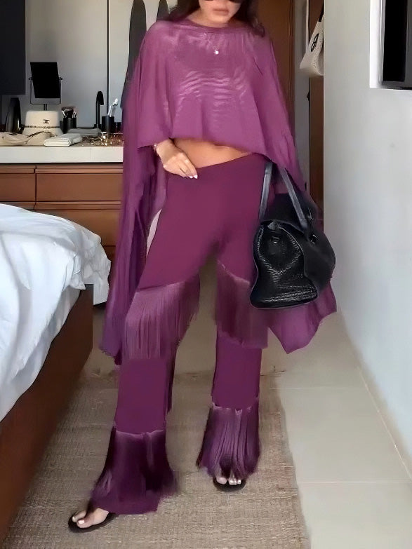 Elegant Fringed High-Waist Wide-Leg Pants
