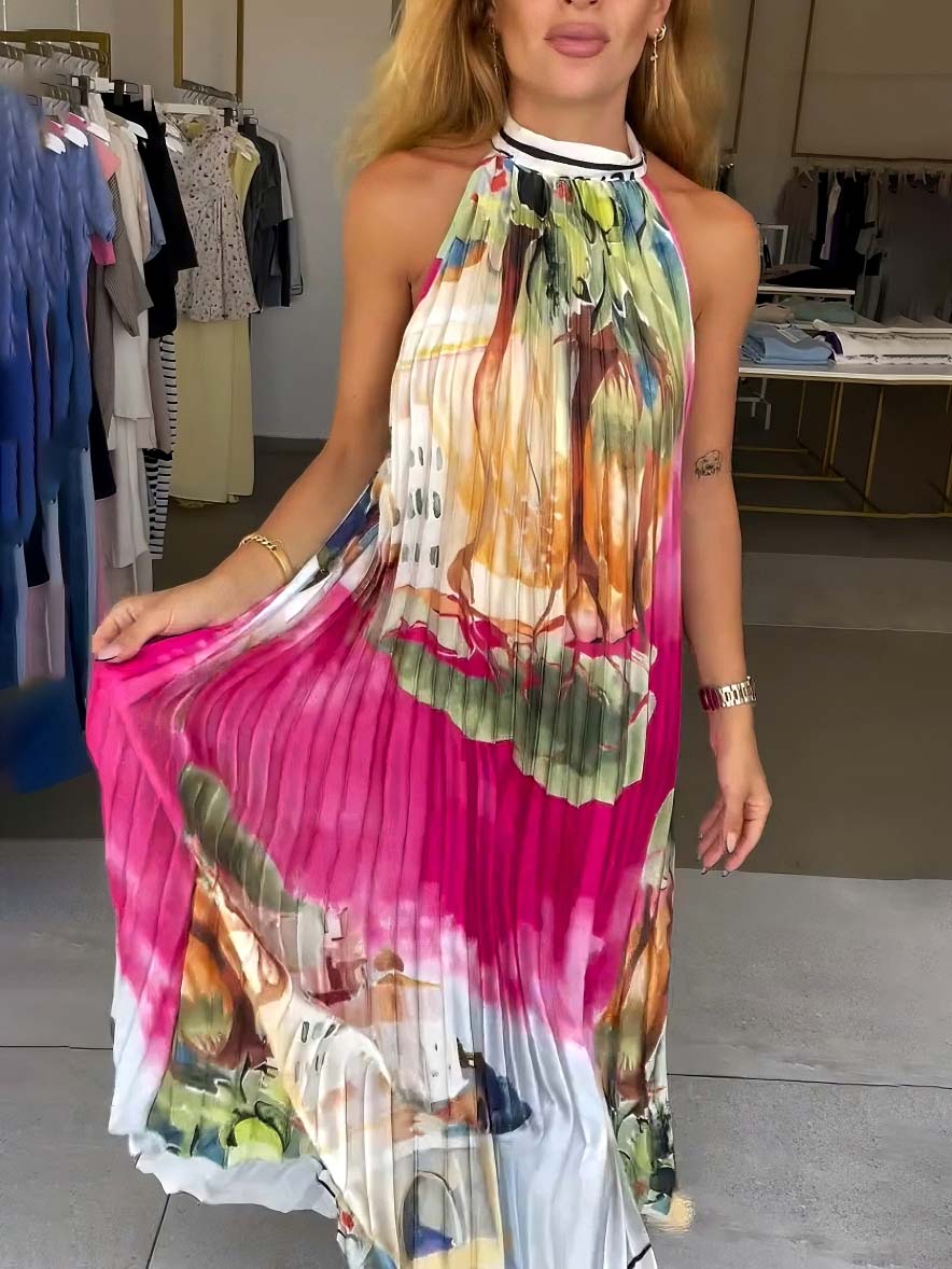 Einzigartiges plissiertes Maxikleid mit abstraktem Landschaftsdruck