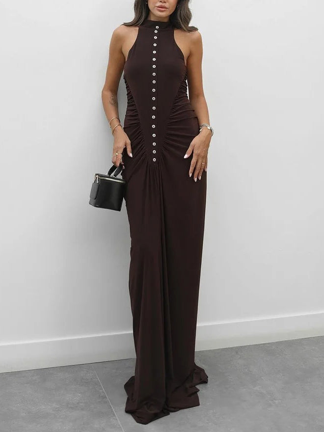 Elegant Multi-button Draped Fitted Maxi Dress