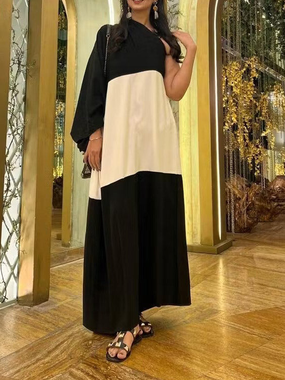 Elegant One-Shoulder Color-Block Draped Maxi Dress