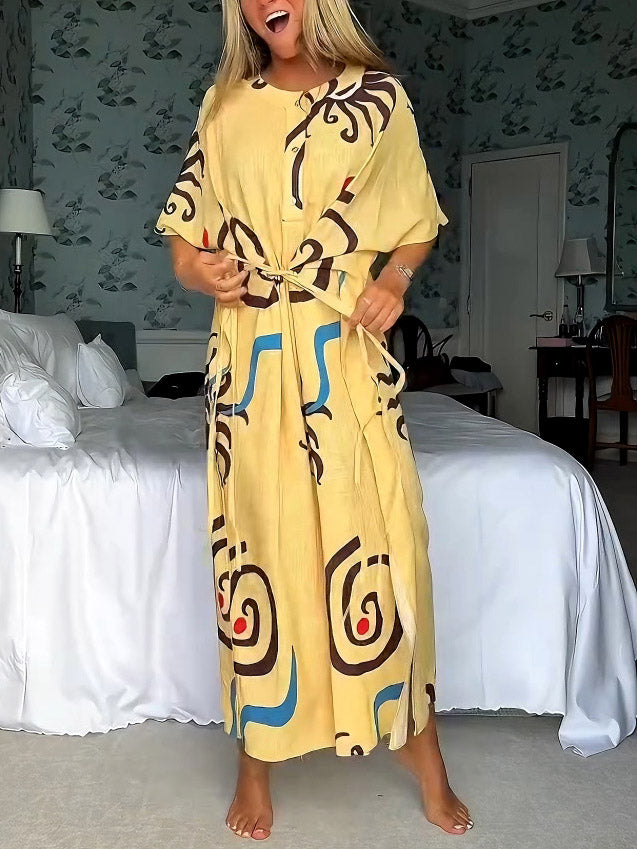 Robe longue à imprimé floral et ceinture nouée à la taille Unique Art