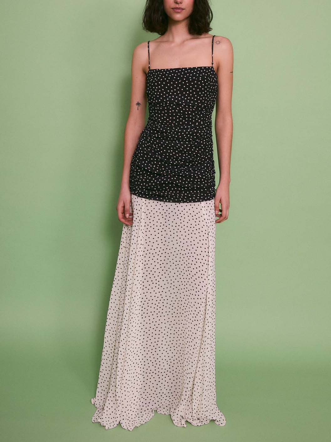 Elegant Contrast Polka Print Chiffon Flowy Maxi Dress