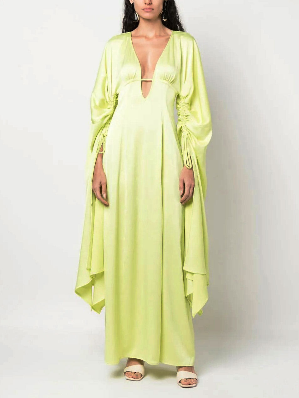 Elegant V-neck Drawstring Satin Maxi Dress