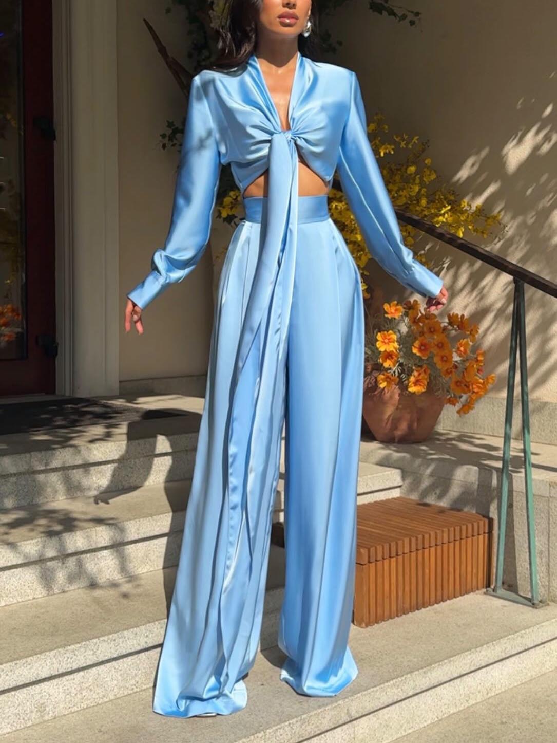 Elegant V-neck Satin Cropped Long-sleeved Shirt