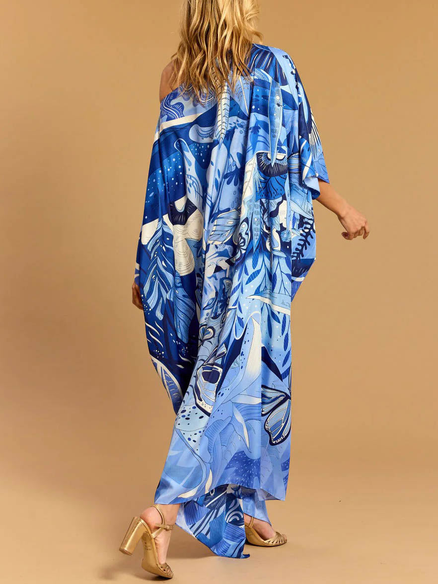 Elegantes Maxikleid aus Satin mit One-Shoulder-Print