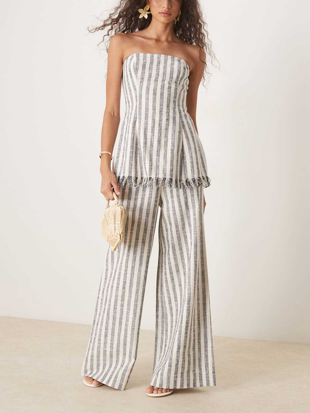 Casual Wrap-around Collar Vertical Stripes Small Tassel Tank Top