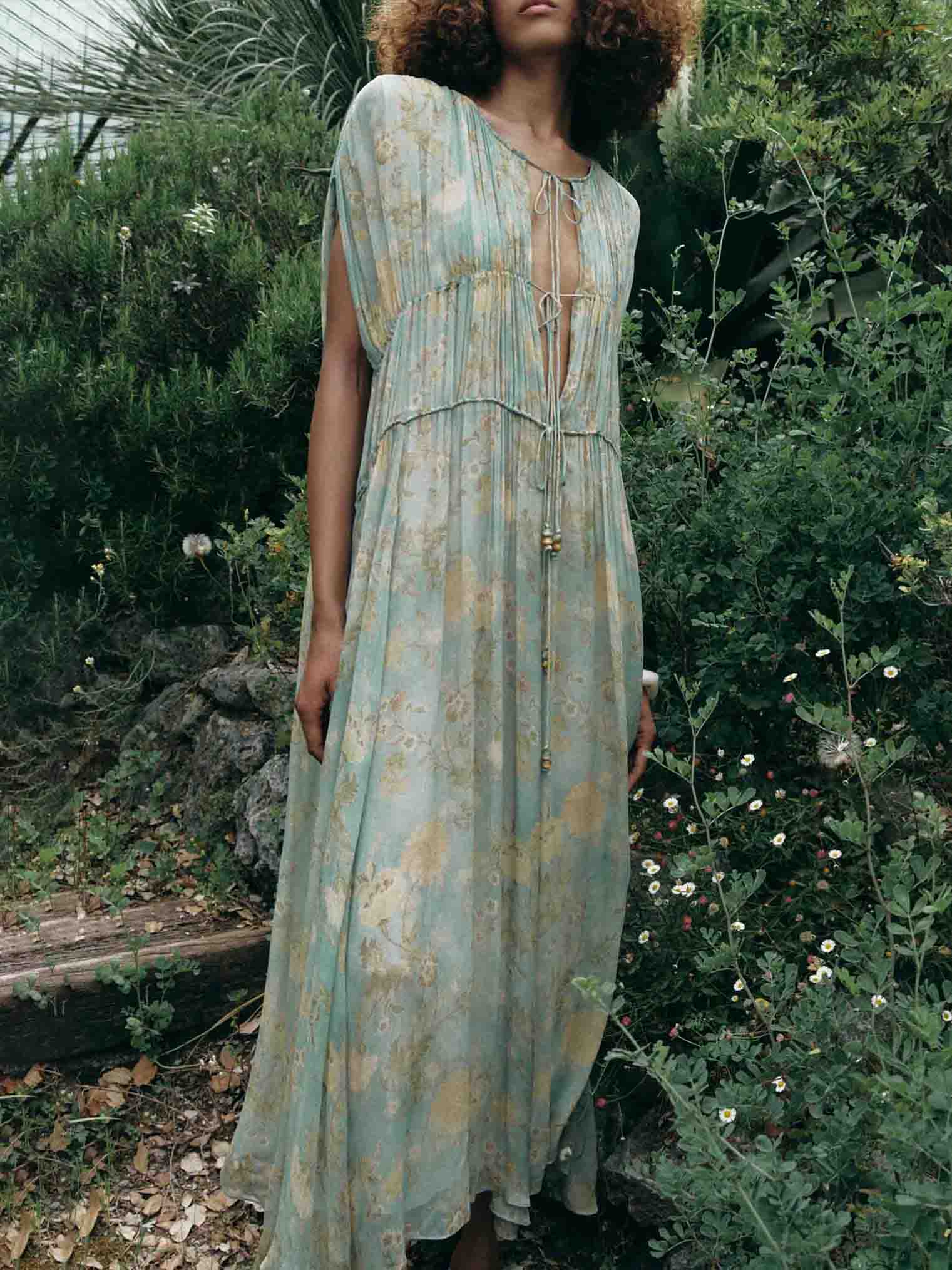 Elegant Floral-print Drawstring Chiffon Maxi Dress