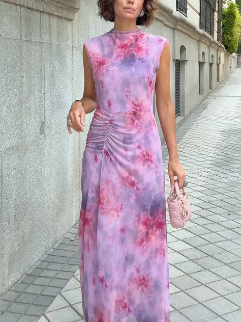 Robe longue slim à imprimé floral dégradé rétro