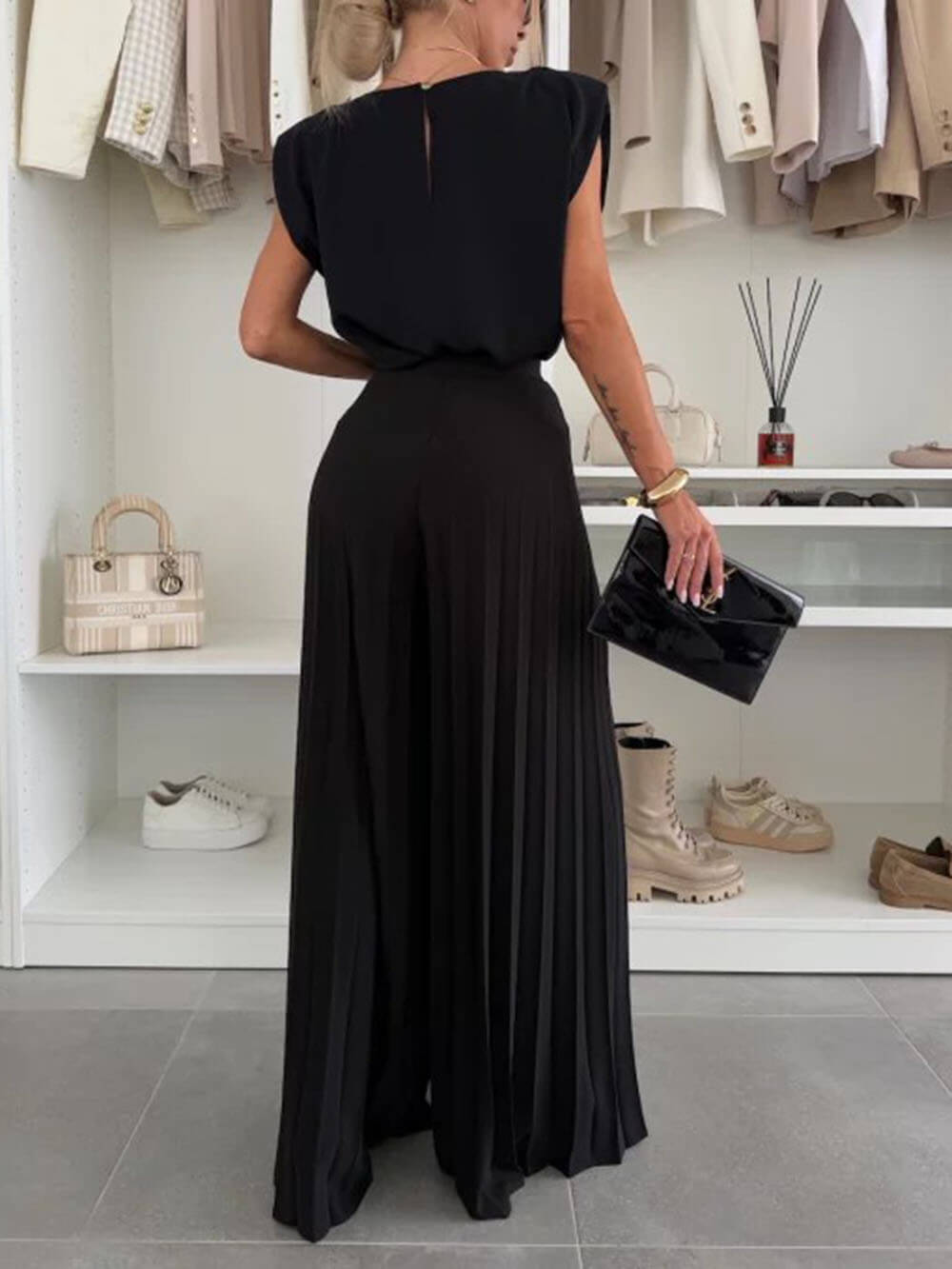 Fashionable Elastic Waist Pleated Wide-Leg Pants