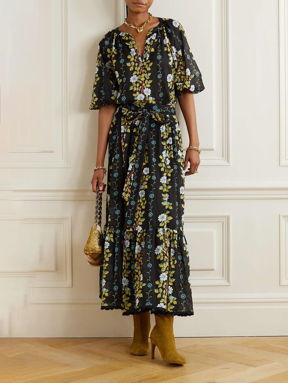 Jupe longue élégante en mousseline à imprimé floral festonné avec ceinture