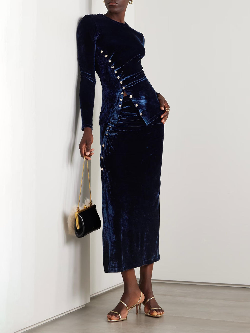 Elegant Pleated Velvet Snap Button Slit Skirt