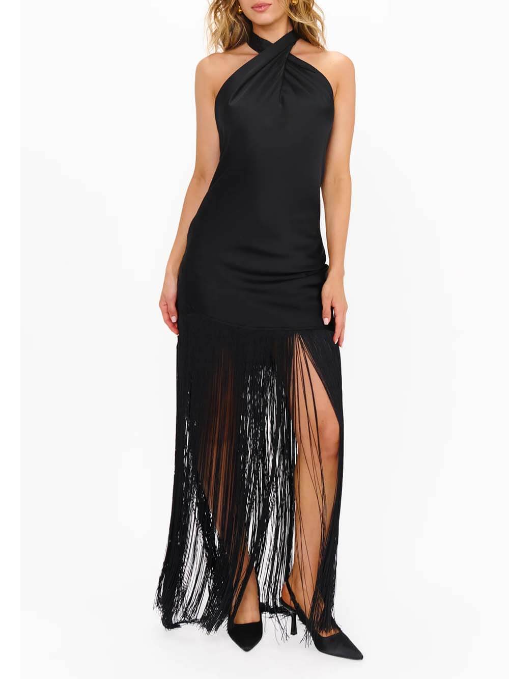 Fashionable Fringe Paneled  Draped Detail Open Back Maxi Dress