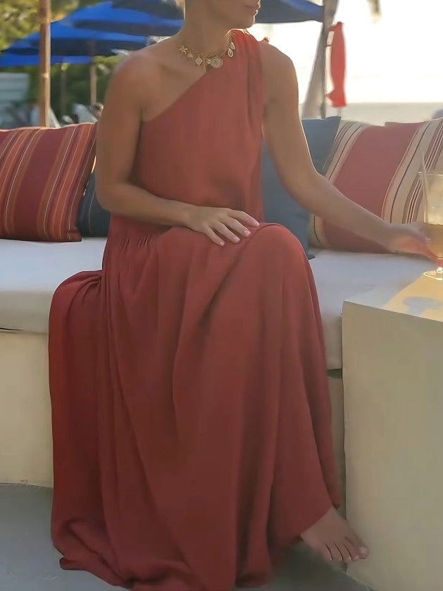 Casual One-shoulder Neckline Low-waist Pleated Maxi Dress