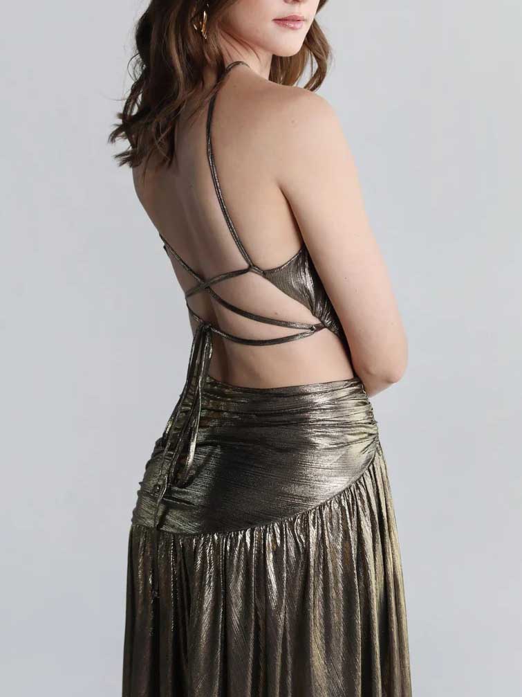 Elegantes, einschultriges, glitzerndes, goldenes Maxikleid mit hohem Schlitz