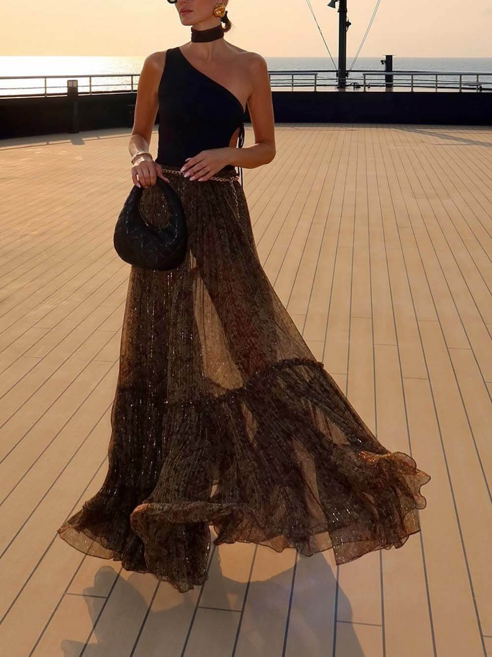Elegant Chiffon Print Ruffle A-Line Maxi Skirt