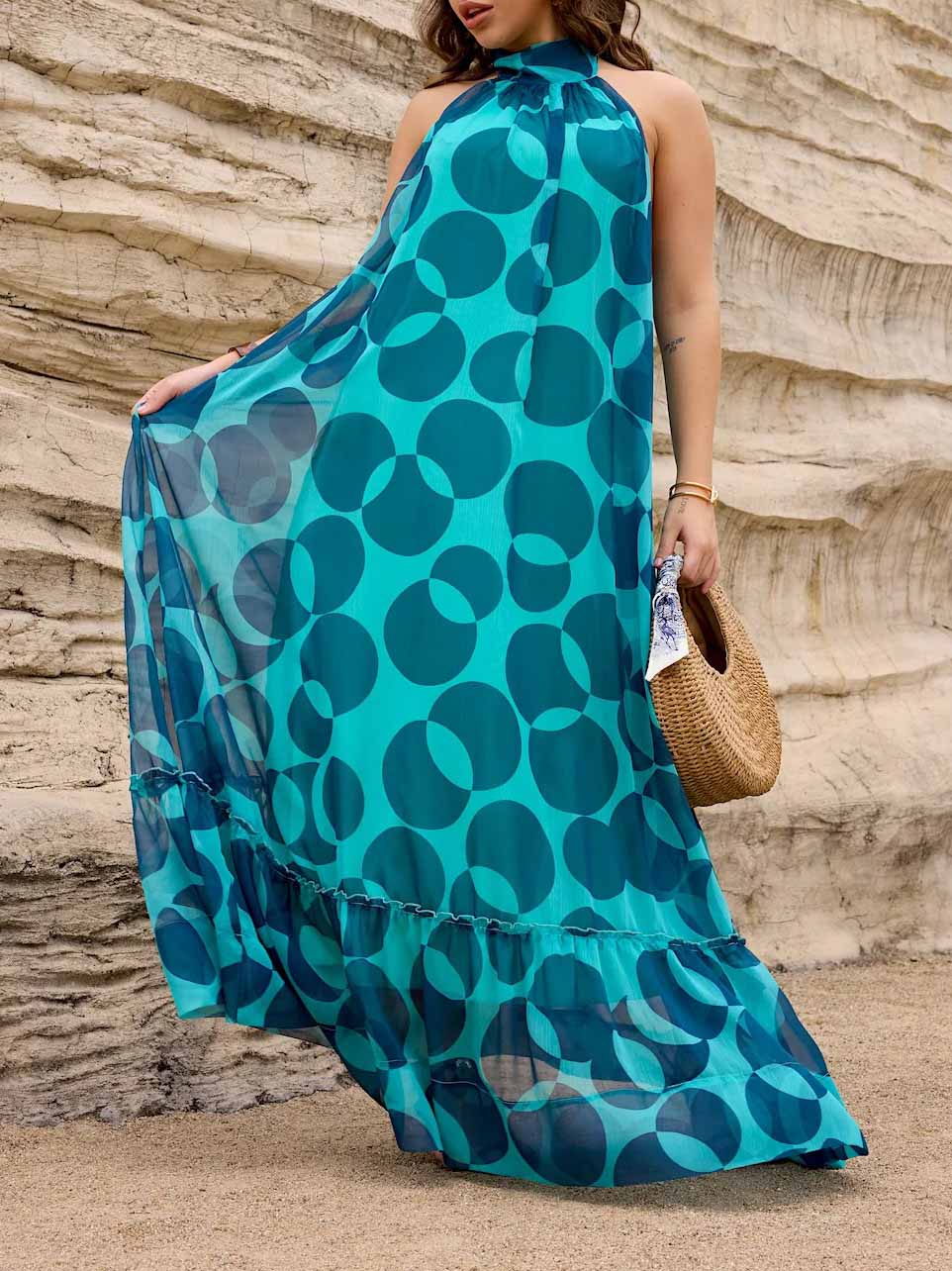 Elegant Halterneck Abstract Print Chiffon Flowy Maxi Dress