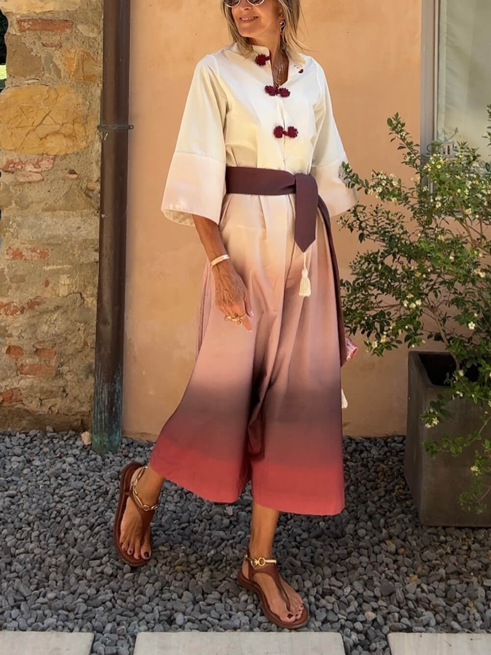 Einzigartiges Midikleid mit Ombre-Print, Gürtel und Dreiviertelärmeln