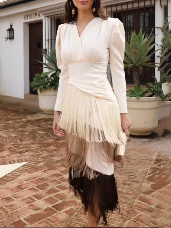 Elegant Layered Ombre Fringe Maxi Dress