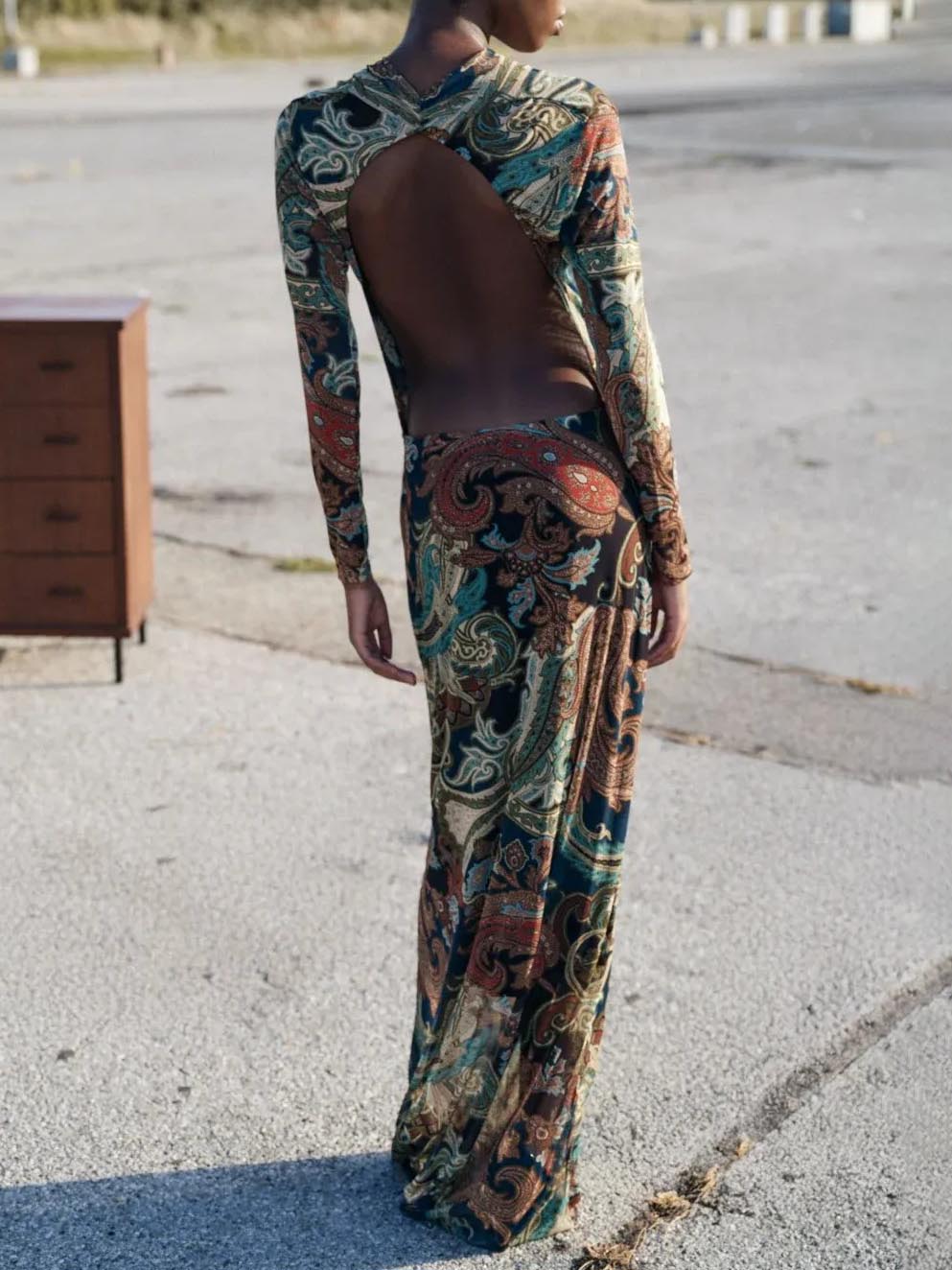 Elegant Long-Sleeve Paisley Print Deep V-Neck Maxi Dress
