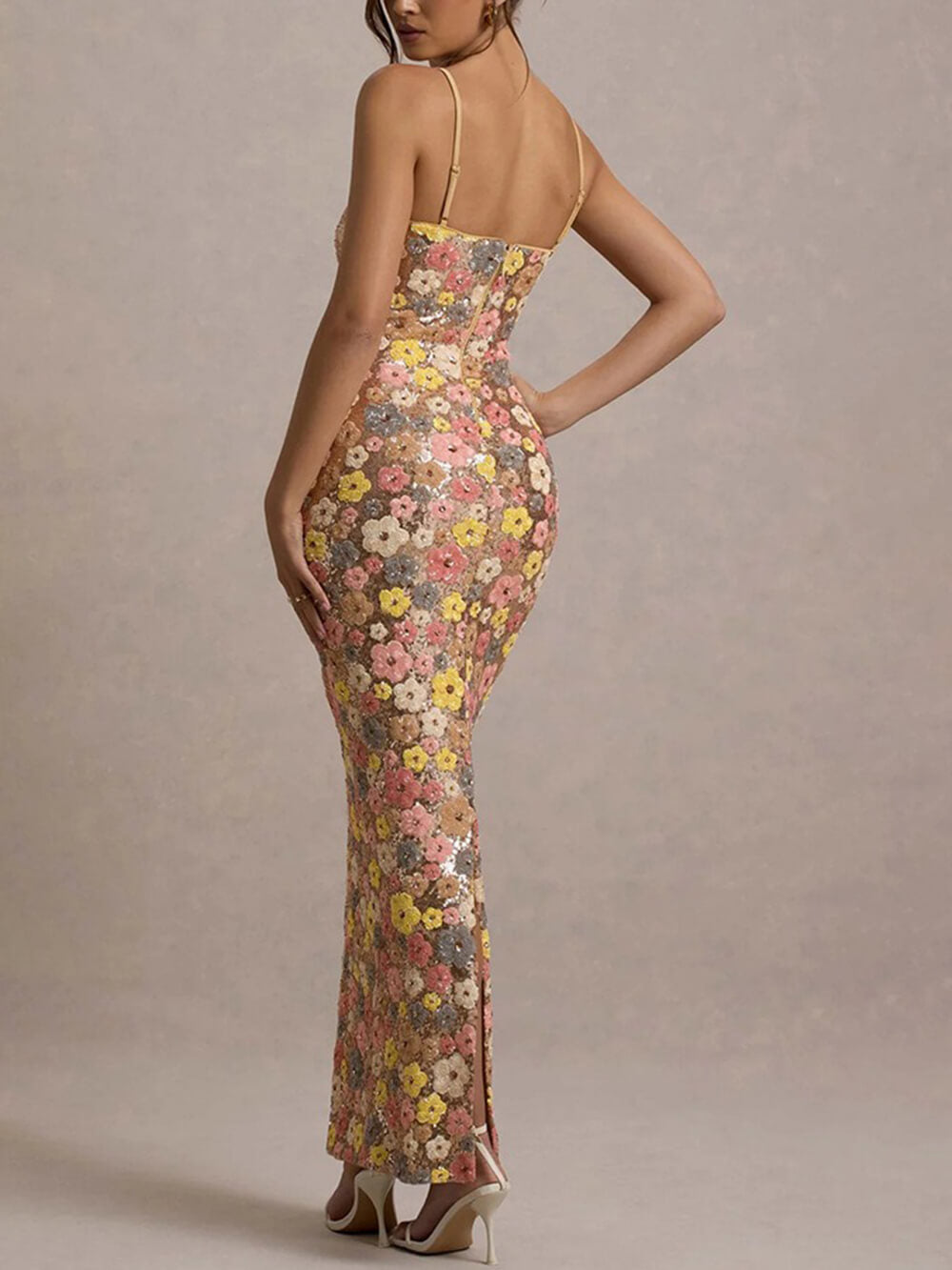 Robe longue extensible à imprimé floral et sequins d'inspiration rétro à col carré