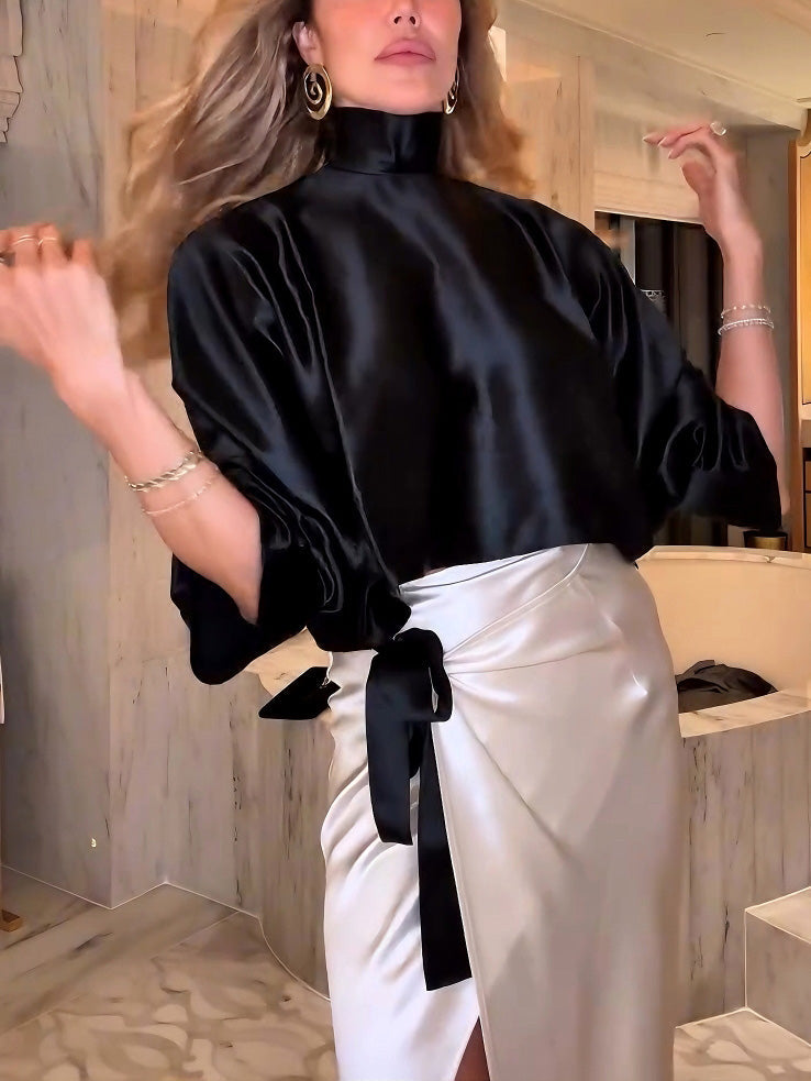 Elegant Satin Cropped Long-sleeved Shirt